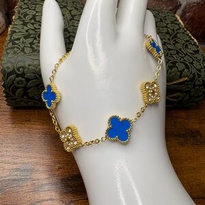 Stainless Steel Gold and Blue Clover Bracelet NEW